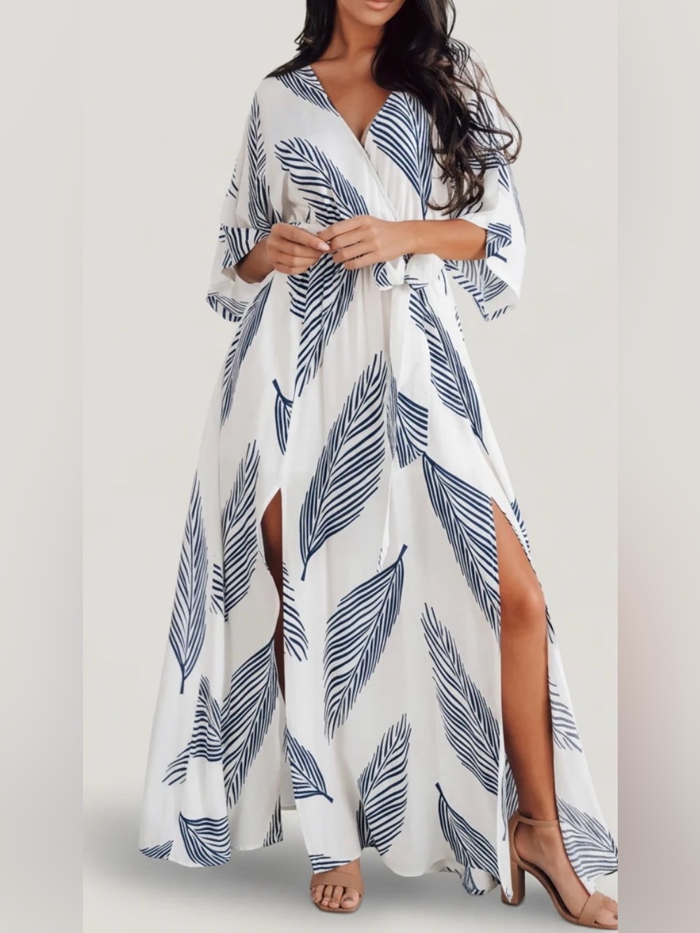 Baltic Born Corinth White Maxi Dress with Navy Leaf Print Resort Size M